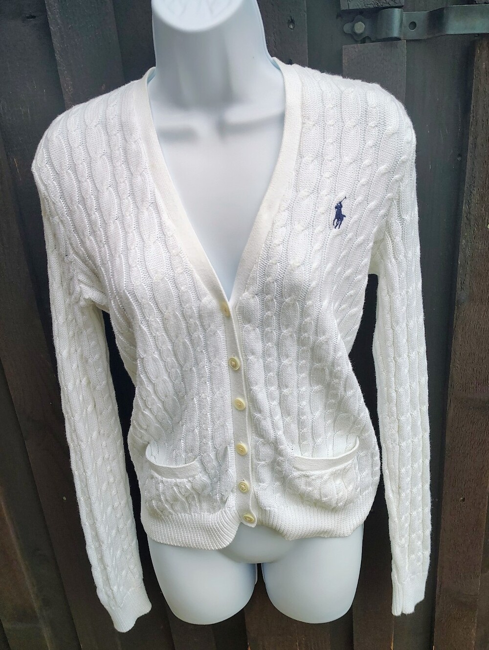 Ralph Lauren White Cable Knit V-Neck Cardigan with Navy Pony